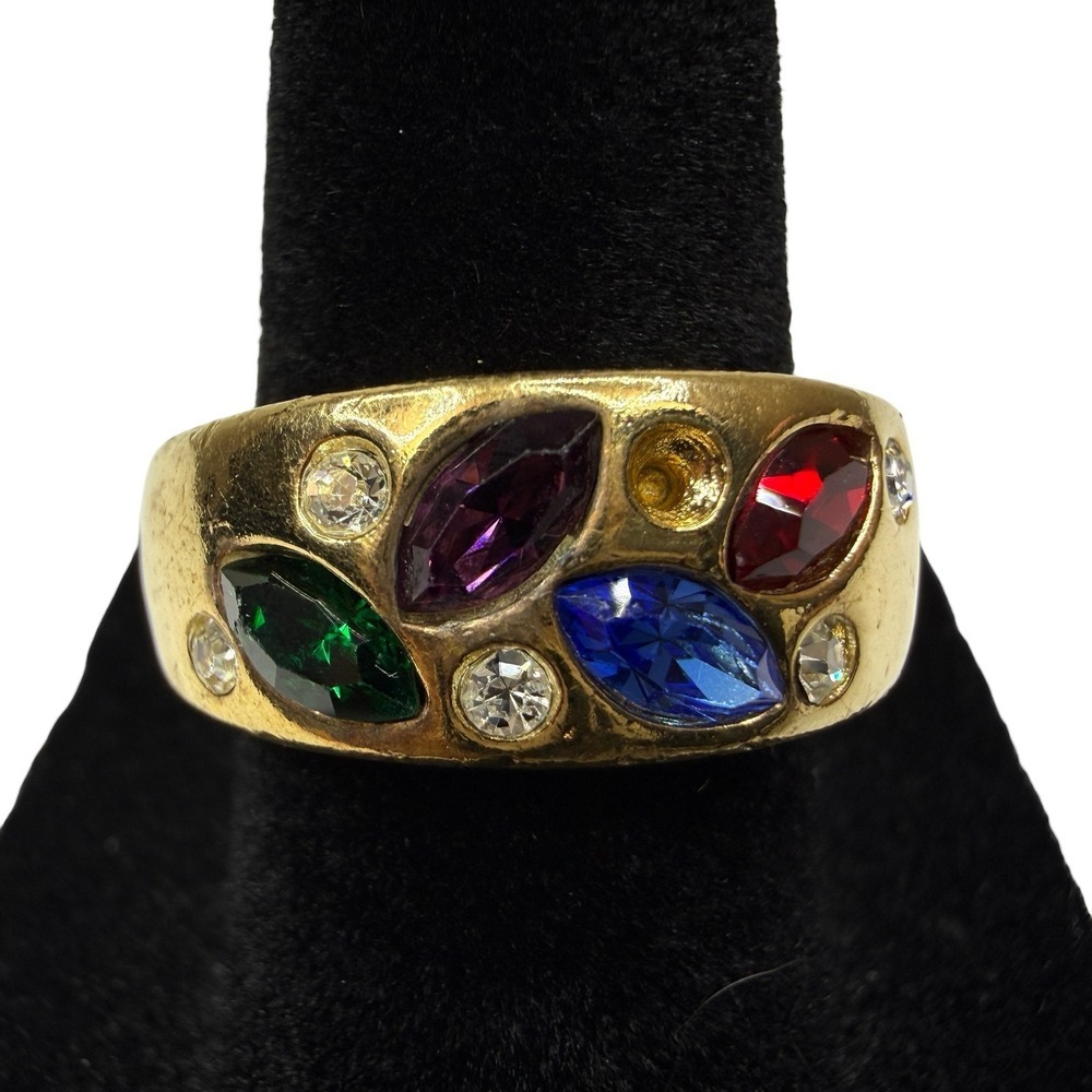 VTG Style 18KT GE Gold Tone Multi-Color Rhinestone Marquise Band Ring Sz 6.5